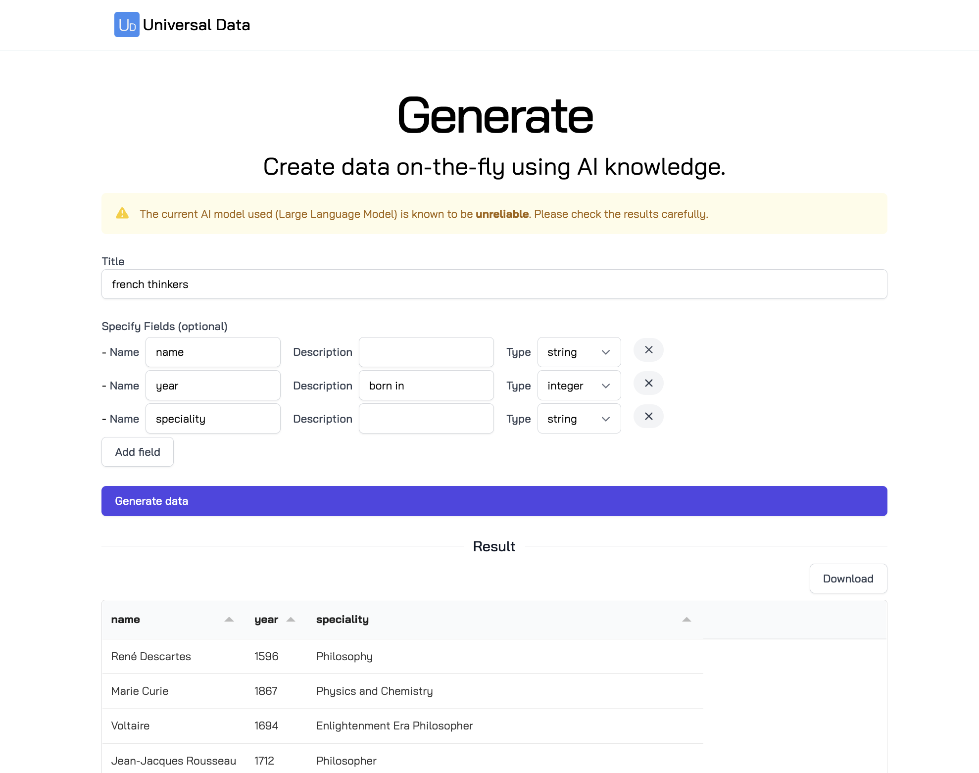 Universal Data: Generate