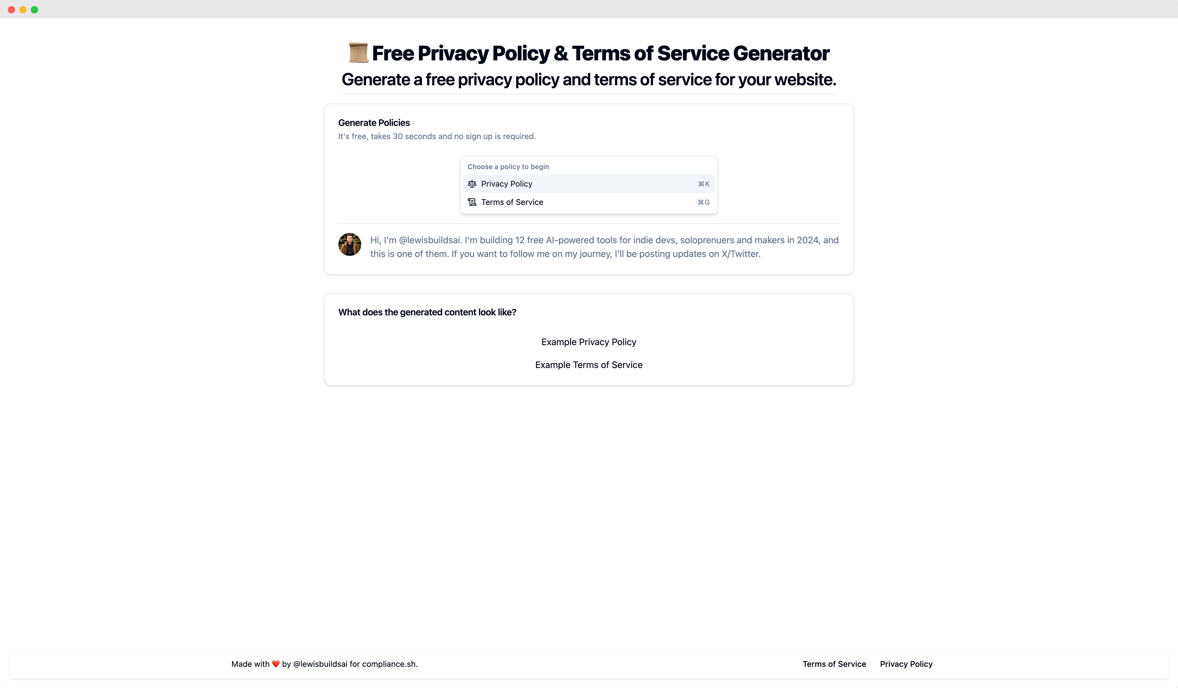Free AI Privacy Policy & ToS Generator
