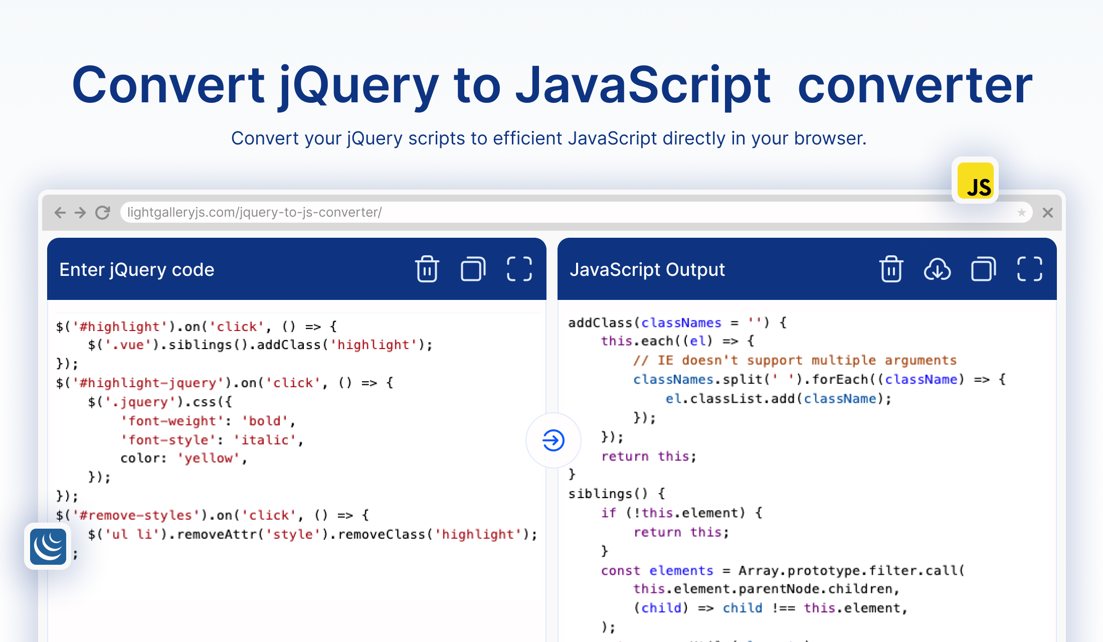 JQuery to JavaScript converter 
