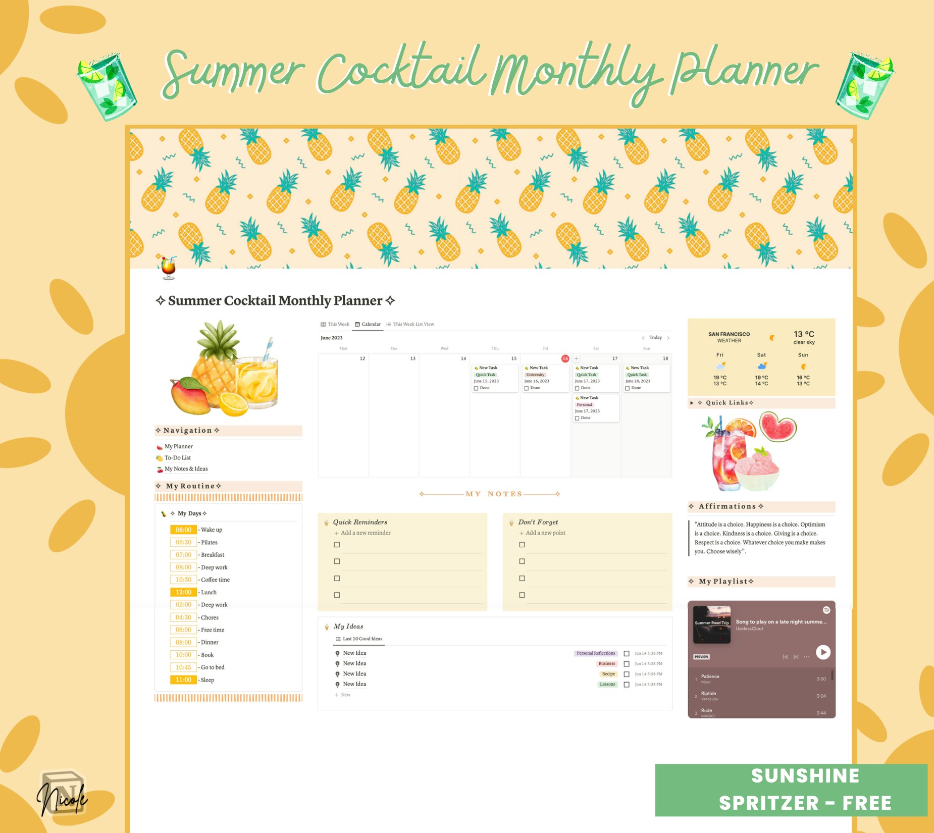 Summer Cocktail Monthly Planner