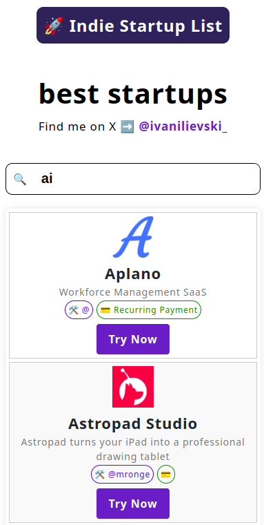 Indie Startup List 2.0