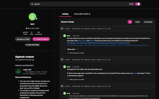 Gigabrain Reddit Profile Analyzer